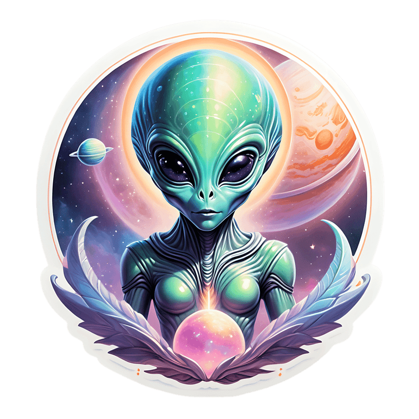 Green extraterrestrial holding glowing orb inside a circular cosmic frame with planets and celestial nebulae.