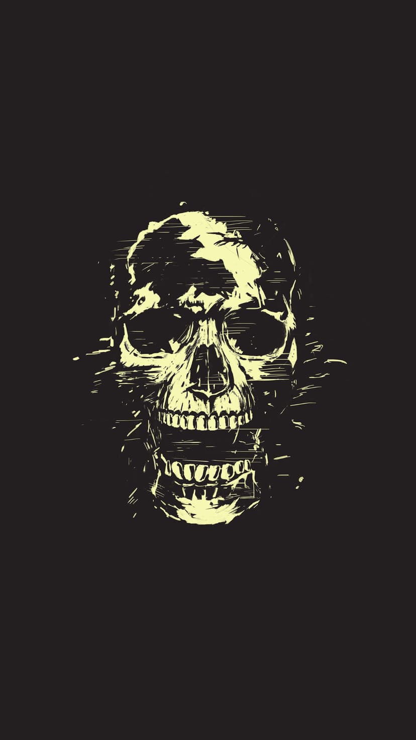 Distressed yellow skull with an agape jaw and hollow eyes centered on a deep black vertical background.