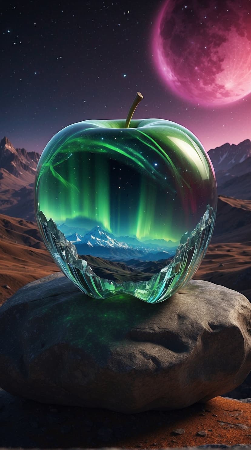 Translucent green apple containing an aurora over snowy mountains sits on a rock under a pink moon and stars.