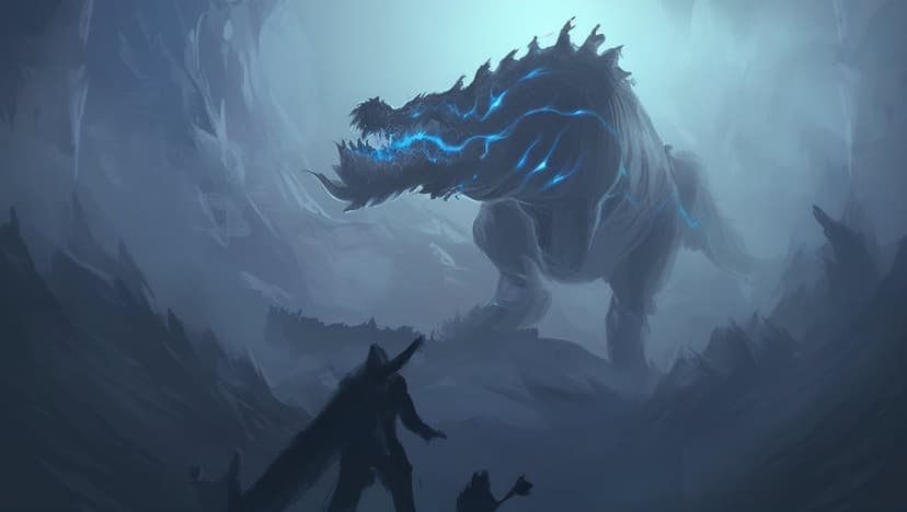 Knight silhouette facing a massive ice dragon with glowing blue eyes within a dark, frozen mountain cavern.