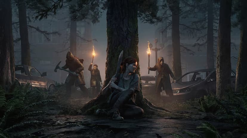 Ellie sits against a tree with a machete while hooded figures with torches approach in a foggy dark forest.