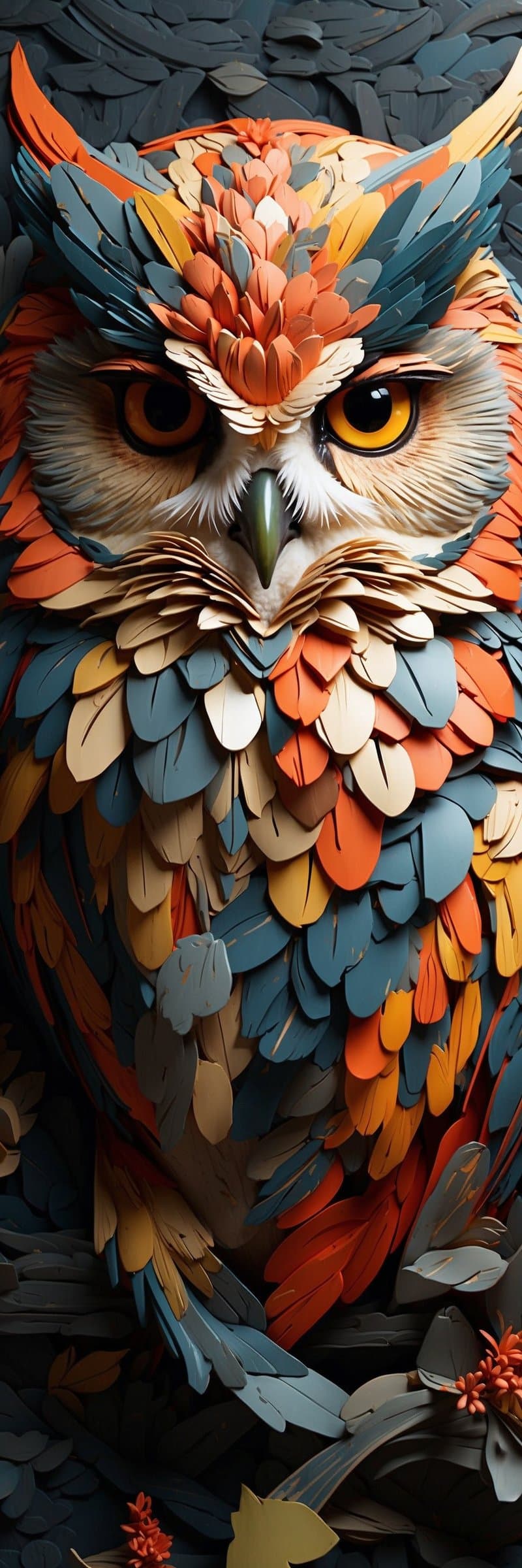 Owl sculpture with layered orange and blue feathers, piercing yellow eyes, and a sharp beak on a dark background.
