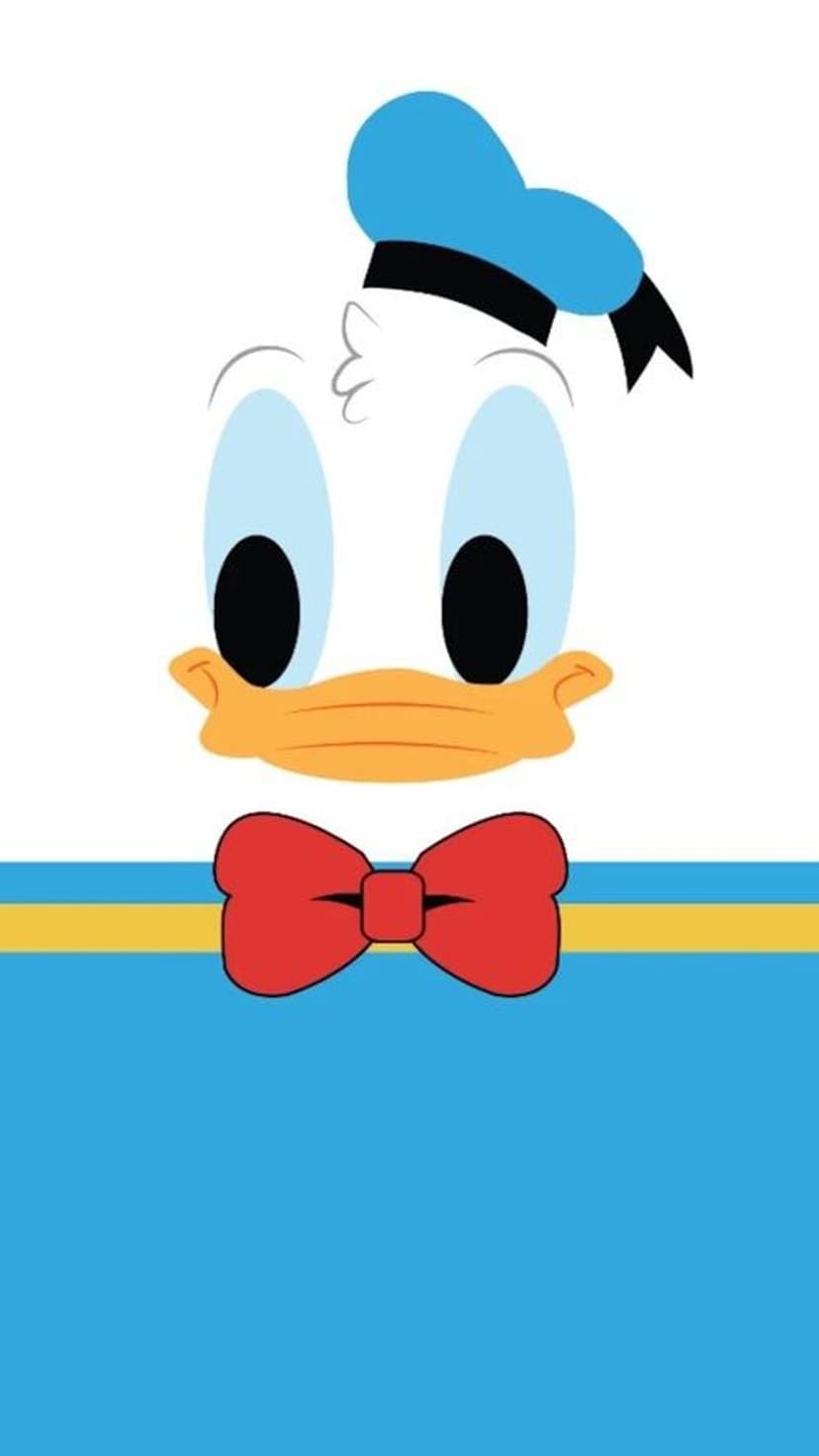 Donald Duck wears a blue hat and red bowtie against a split white and light blue background with a yellow stripe.