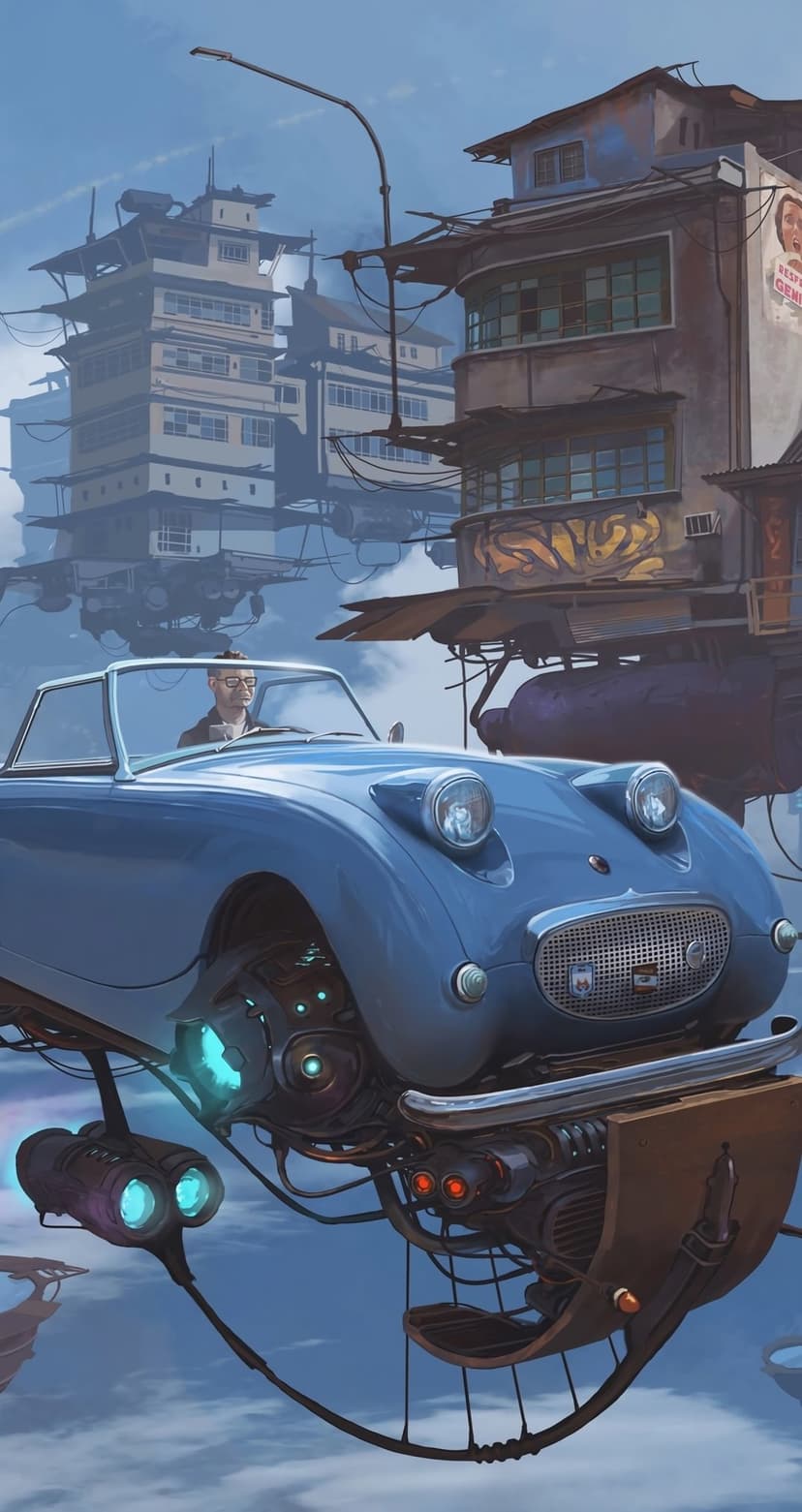 Blue flying convertible car glides past floating Asian buildings and pagodas high above a misty cloud layer.