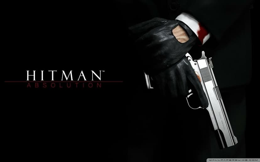 Agent 47 holding a silver pistol with black leather gloves against a dark background with a blood stain.