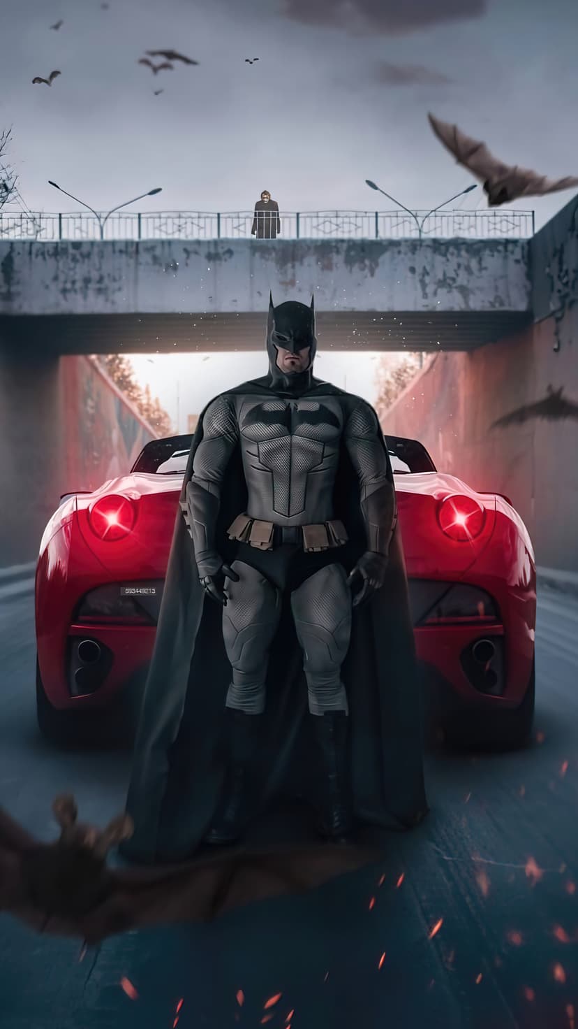 Batman stands next to a red Batmobile with glowing headlights in a dark tunnel filled with flying bats.