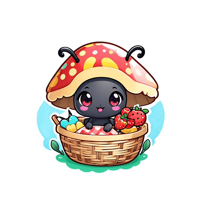 Black ant character sticker sits in a picnic basket with red strawberries and a spotted mushroom cap hat.