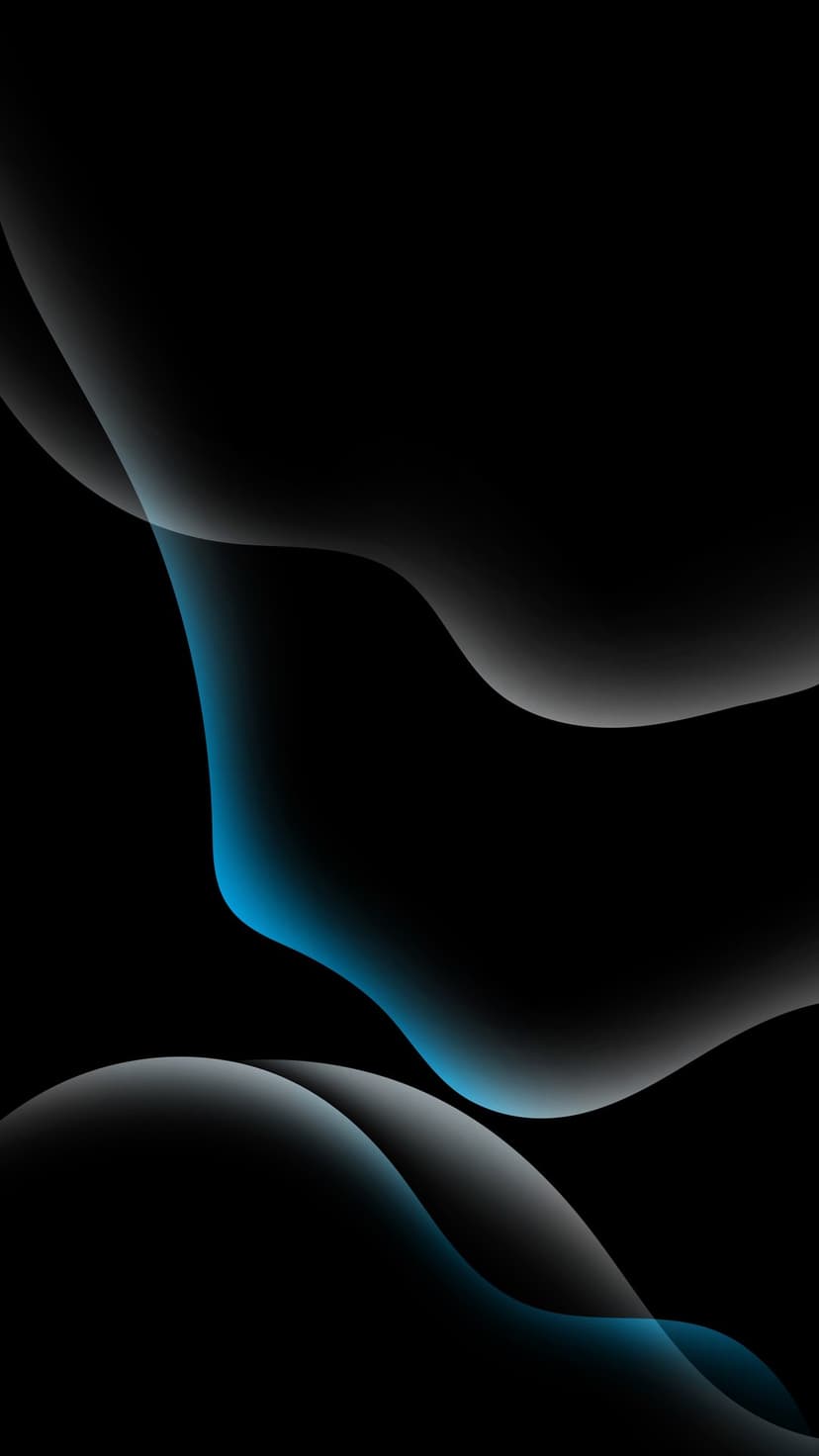 Glowing blue and white wavy lines flow diagonally against a solid black background with smooth color gradients.