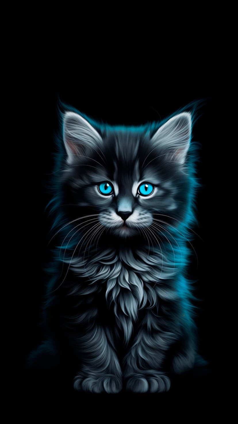 Black kitten with glowing electric blue eyes and teal fur accents sits against a solid dark background.