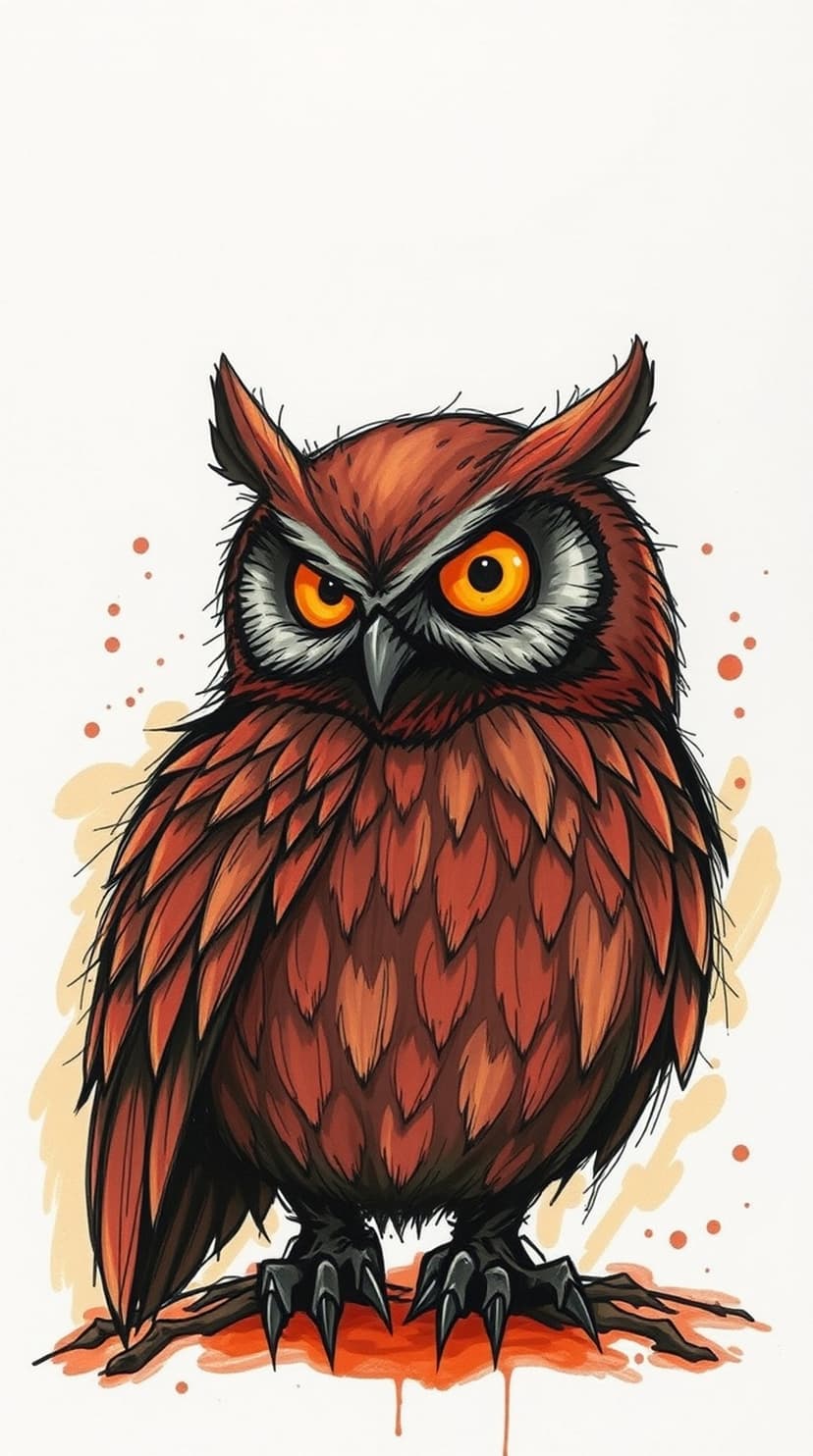 Owl with glowing orange eyes and rust-colored feathers stands against a white background with watercolor splatters.