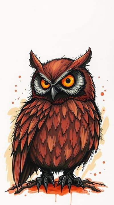 Intense Owl Illustration with Fiery Orange Eyes