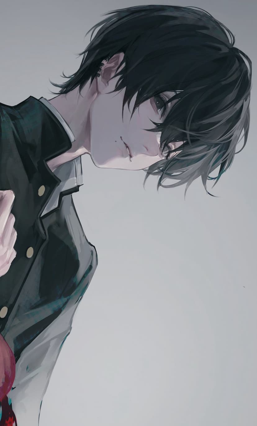 Dark-haired anime boy in a black school uniform gazes down with a pensive expression against a soft background.