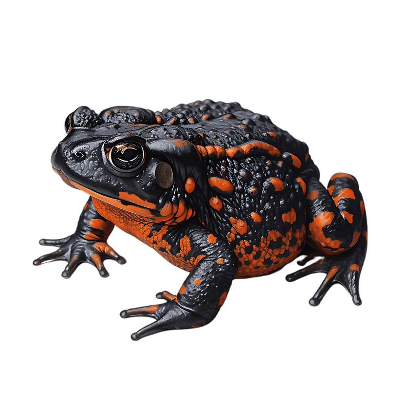 Orange and black toad macro showing textured skin, gold eye, and webbed toes against a dark background.