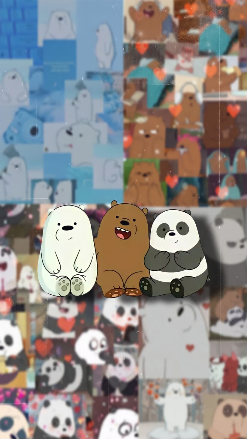 Grizzly, Panda, and Ice Bear sit together against a decorative backdrop of mini bear illustrations and patterns.