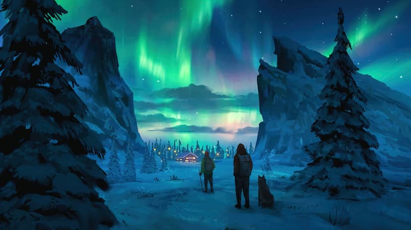 Aurora Borealis illuminates sharp mountain peaks under a starry sky in this digital landscape rendering.