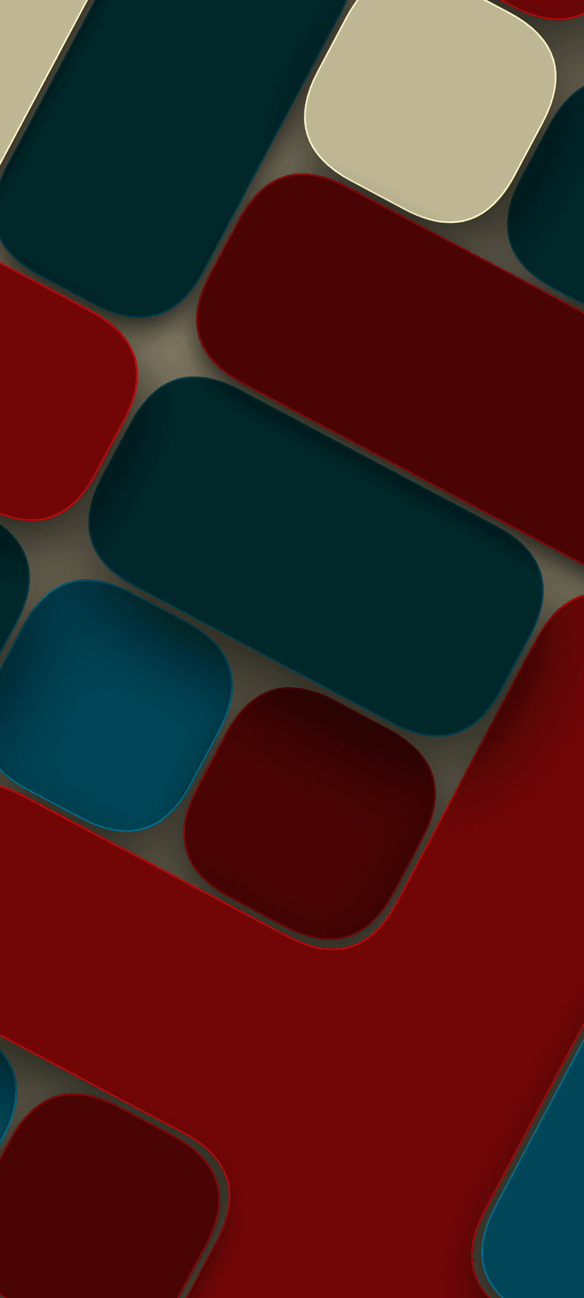Rounded 3D rectangles in deep red, teal, and cream overlap with soft shadows on a textured vertical surface.