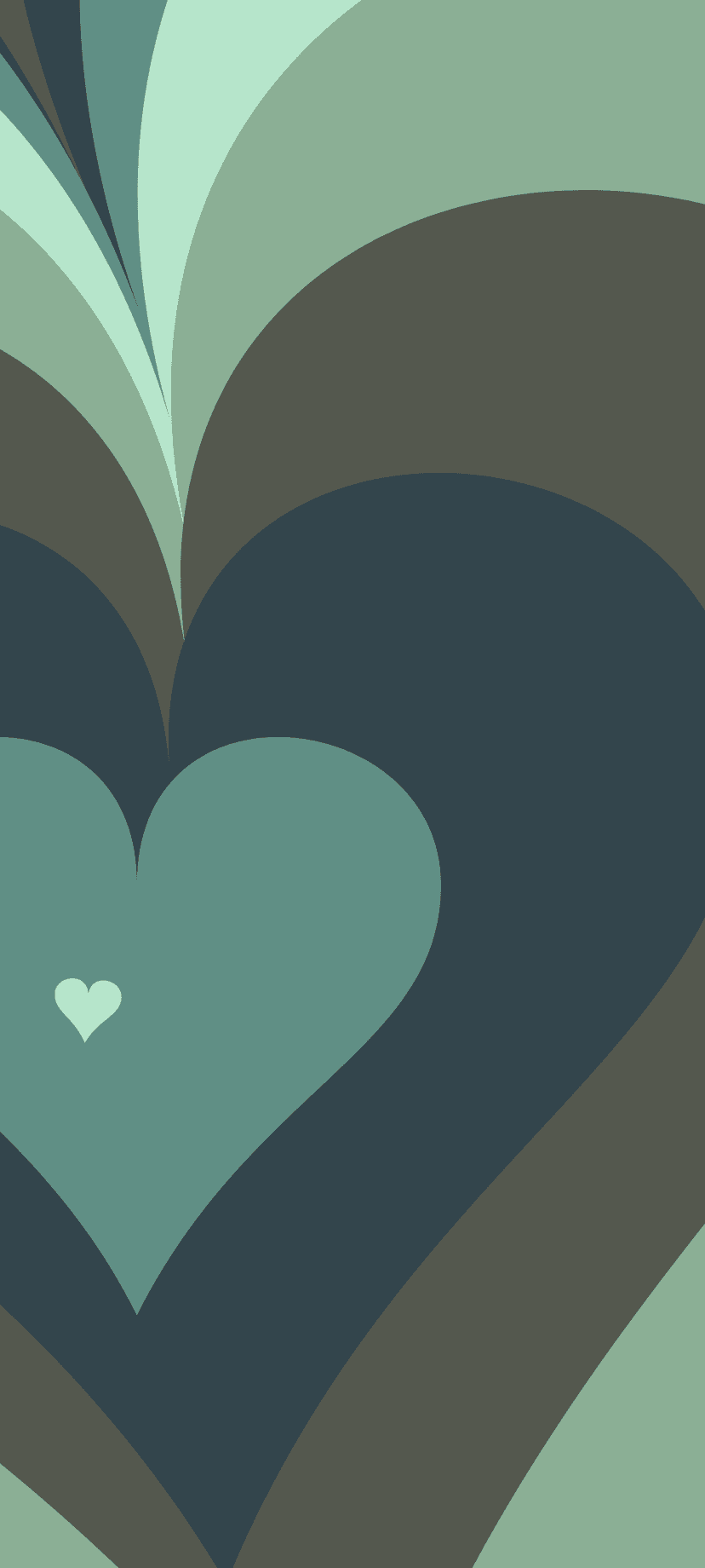 Overlapping heart shapes in teal and emerald green create a fluid, layered geometric pattern for vertical screens.