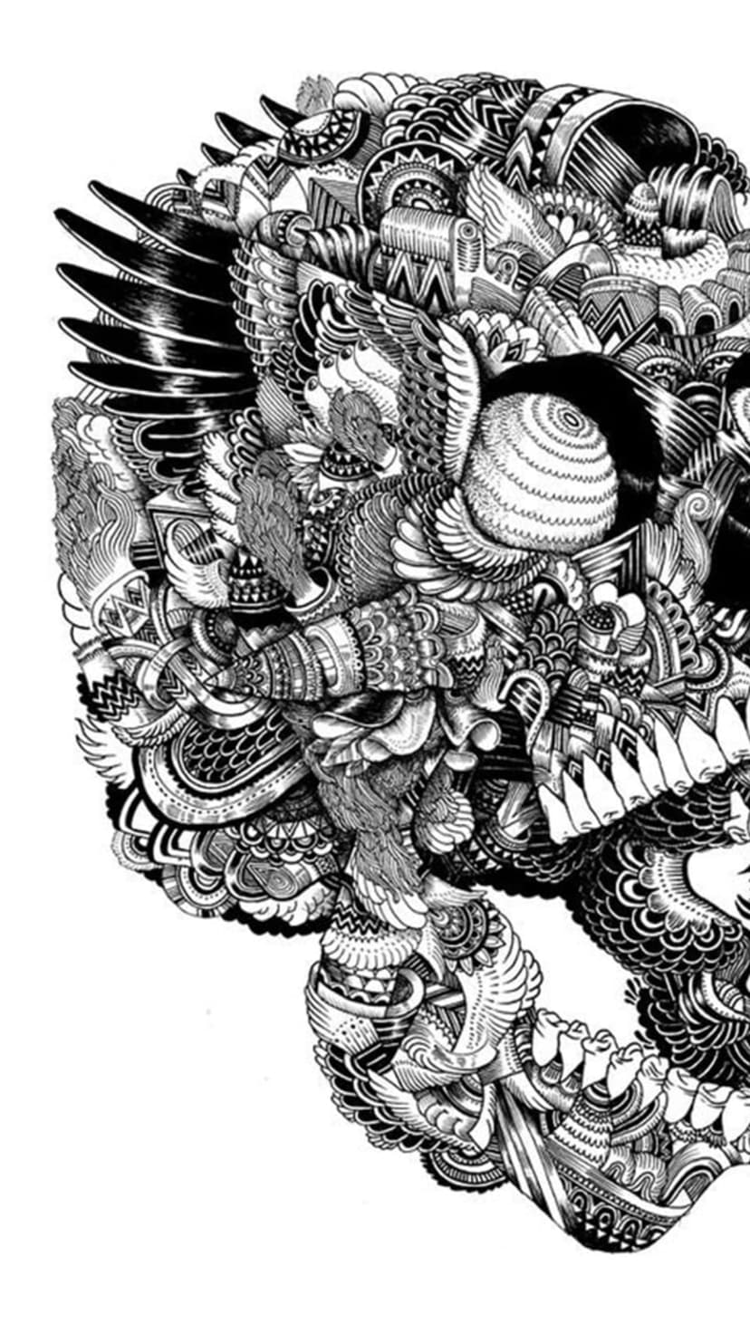 Interlocking black and white line art patterns with organic curves and hand-drawn tribal-inspired details.