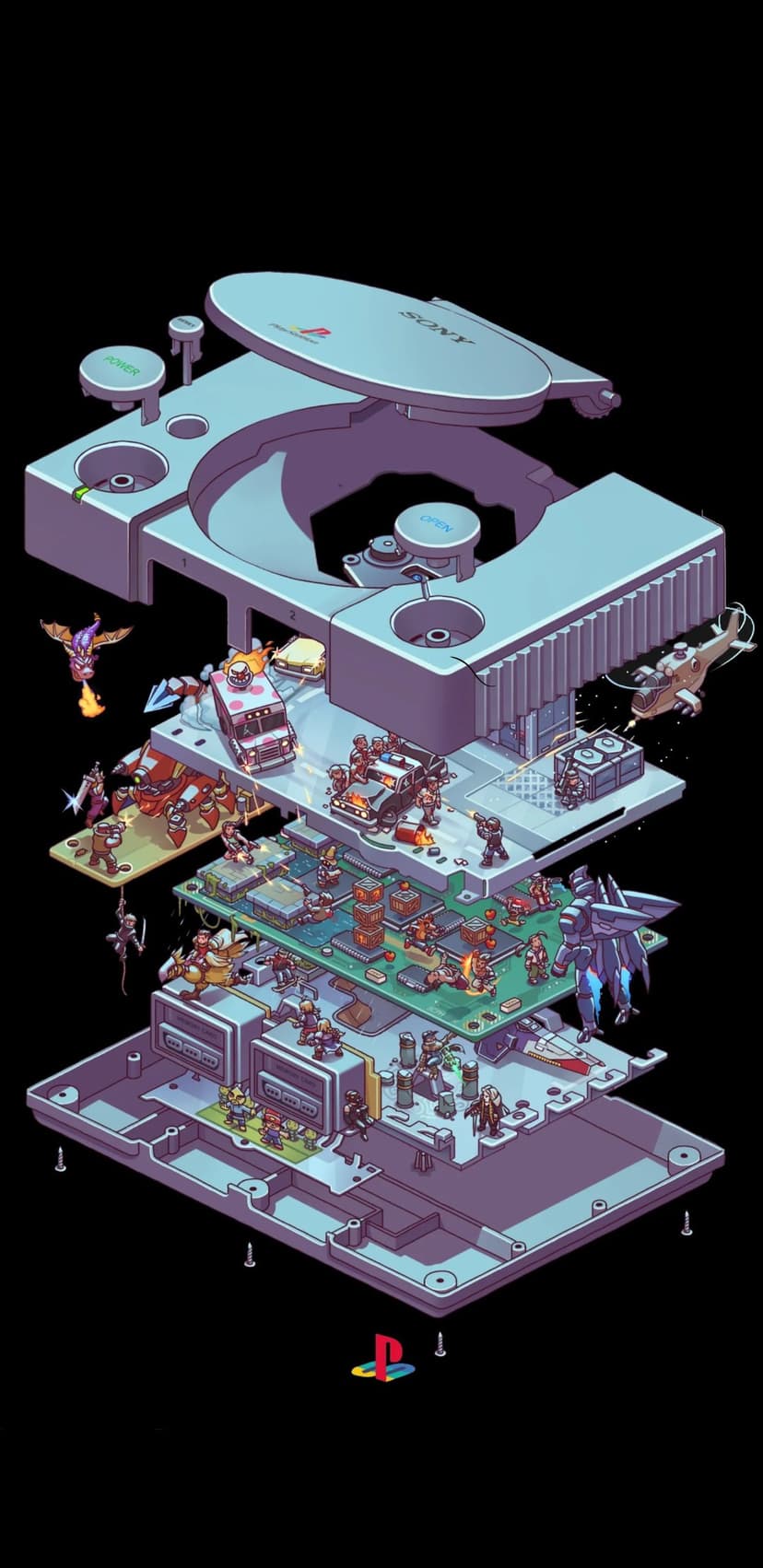 PS1 console exploded view displays internal components and miniature characters in a vertical isometric layout.