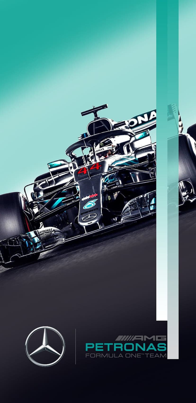 Mercedes-AMG Petronas F1 car with teal accents and silver livery racing on a smooth gradient background.