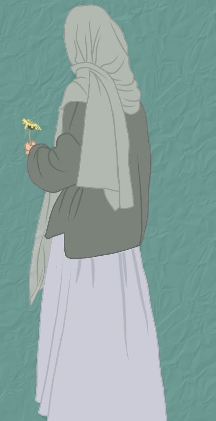 Woman wearing a light gray hijab and lavender clothing holds a single yellow flower against a teal background.