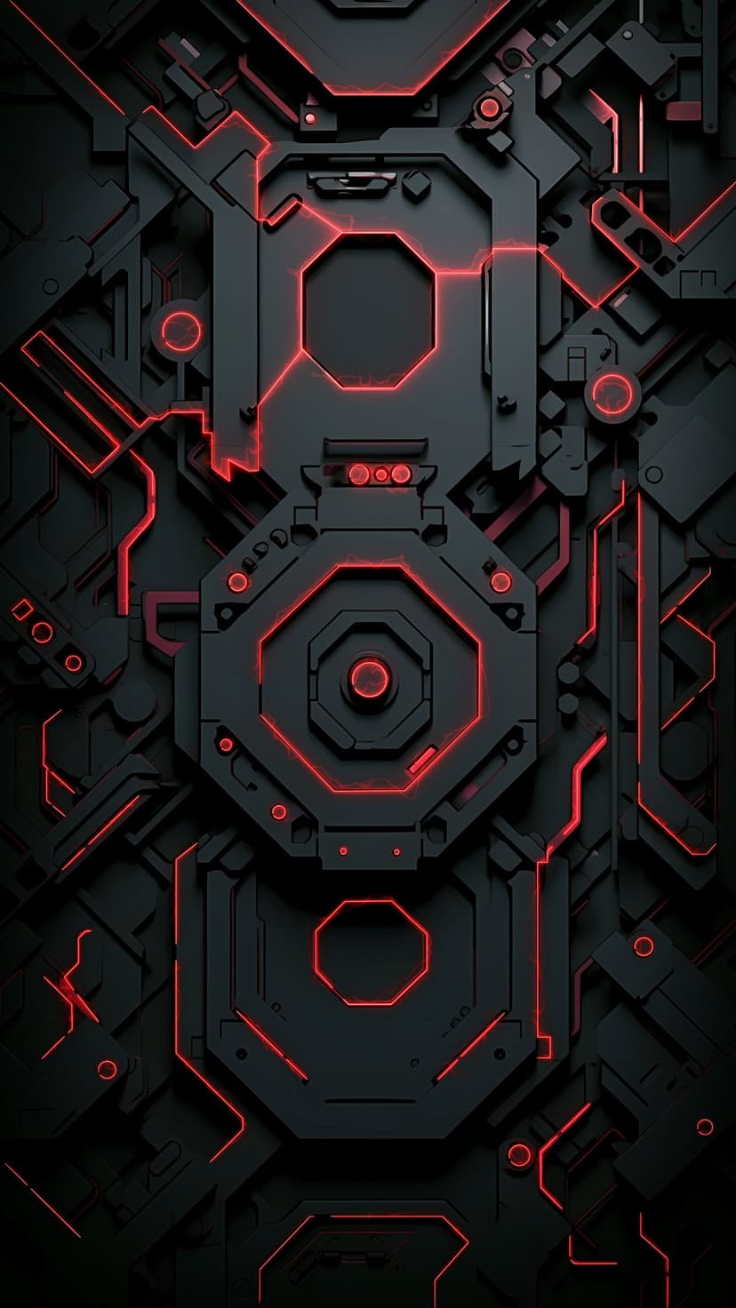 Glowing red circuit lines traverse dark textured mechanical panels with sharp geometric angles and shadows.