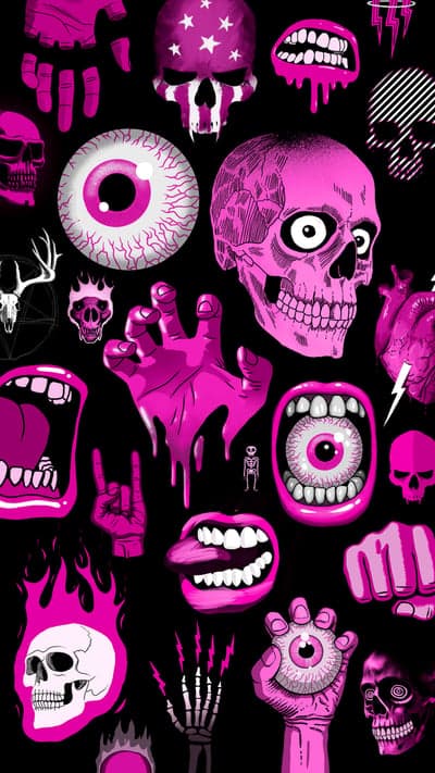 Neon Pink Gothic Skulls and Surreal Anatomy Phone Wallpaper