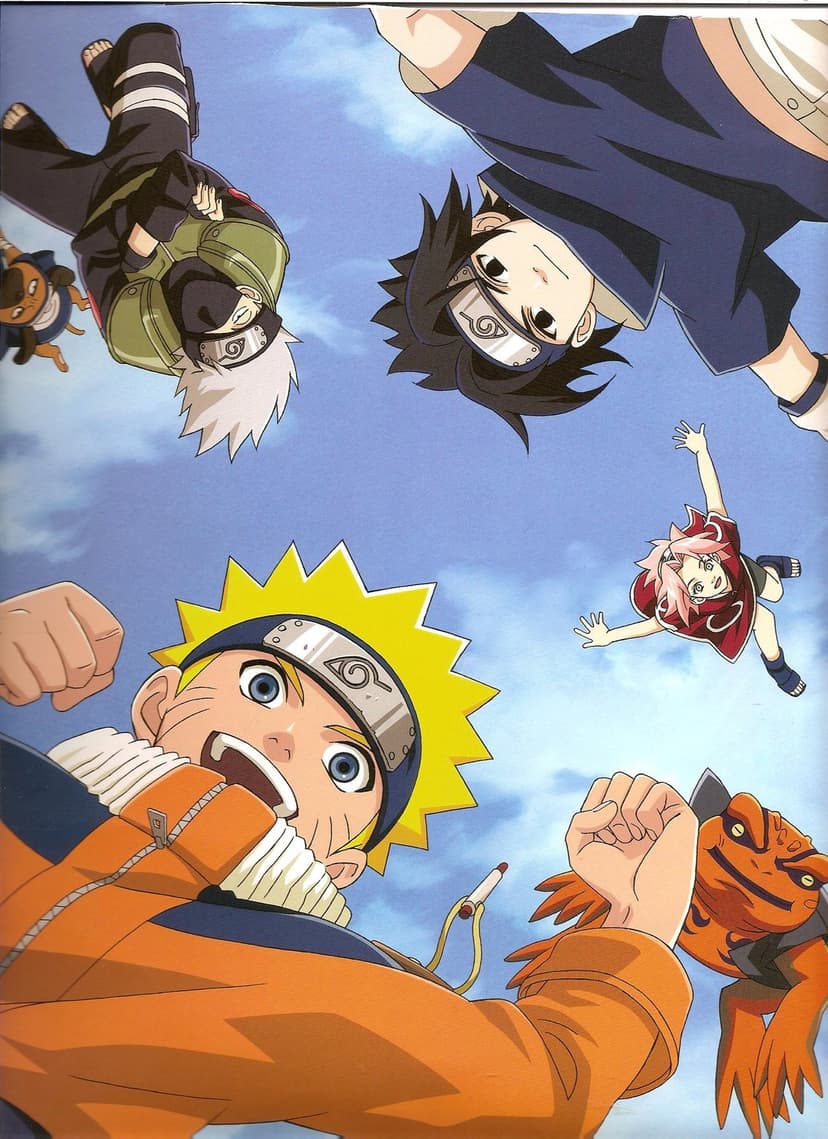 Naruto Uzumaki, Sasuke Uchiha, Sakura Haruno, and Kakashi Hatake plummet through a cloud-streaked blue sky.