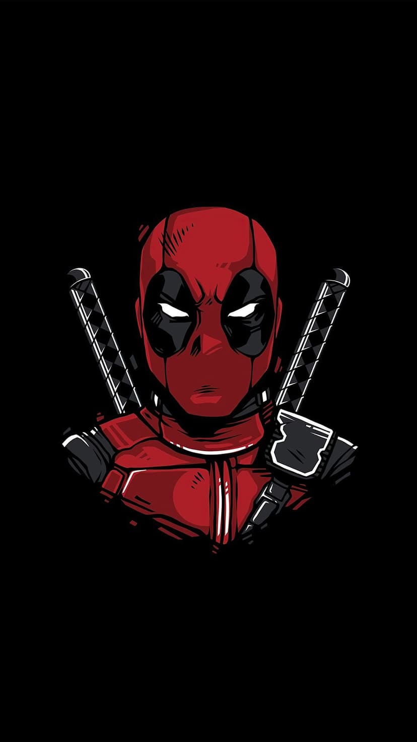 Deadpool mask with crossed katanas against a dark background, featuring vibrant red tones and sharp graphic lines.