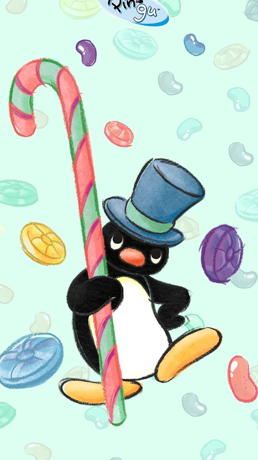 Pingu the penguin wearing a blue top hat and holding a red candy cane surrounded by colorful jelly beans.