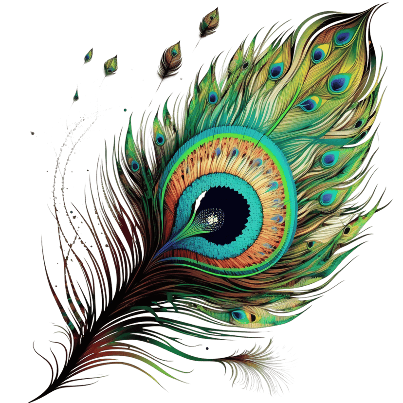 Peacock feather showing vibrant iridescent eye patterns and detailed microscopic green and blue barbules.