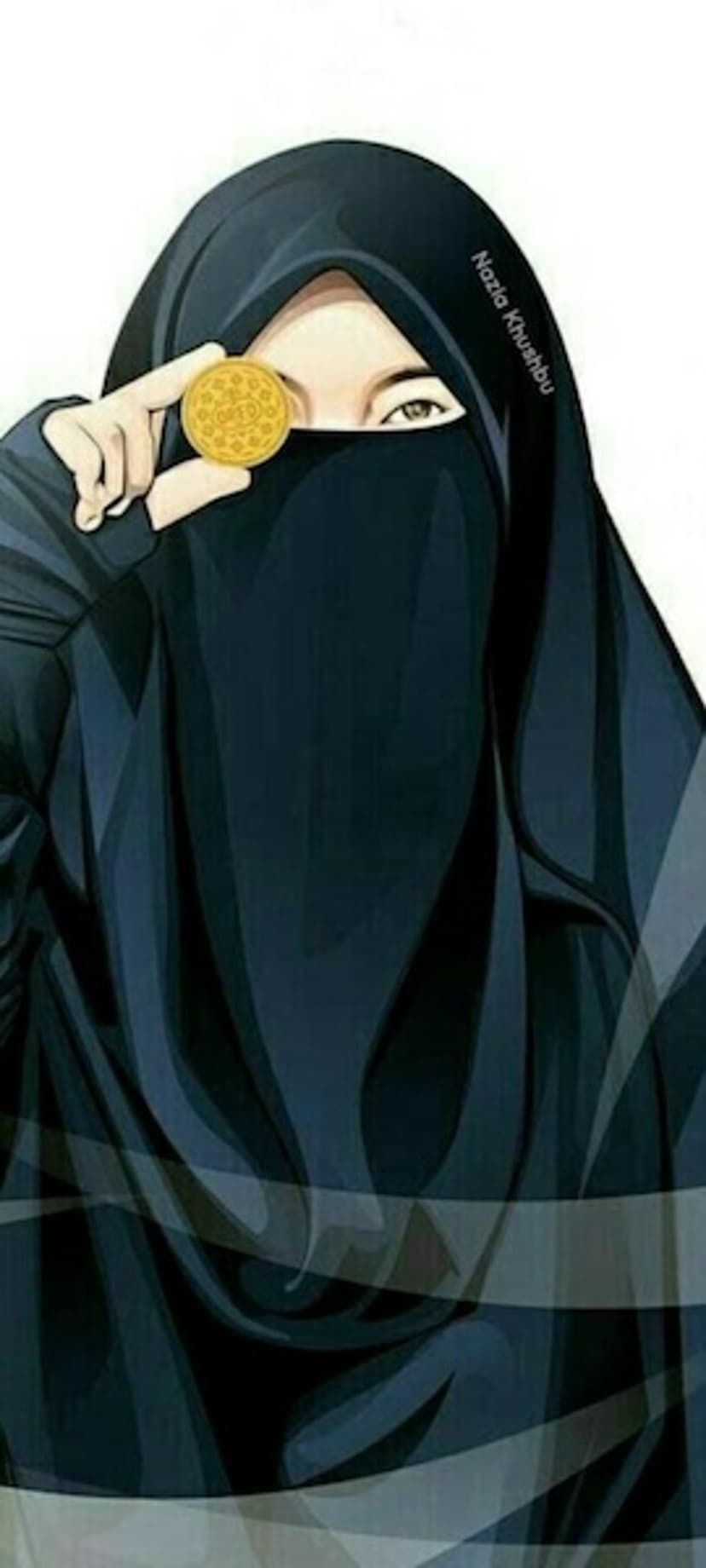 Woman in a black niqab holds a gold coin near her eye with stylized linework and dark fabric textures.