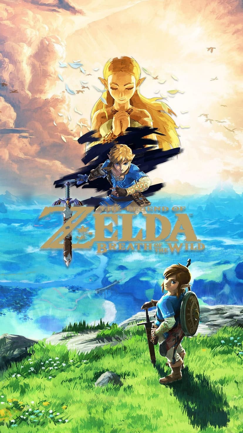 Link and Princess Zelda overlook a vast mountain landscape with blue skies and rolling green hills.