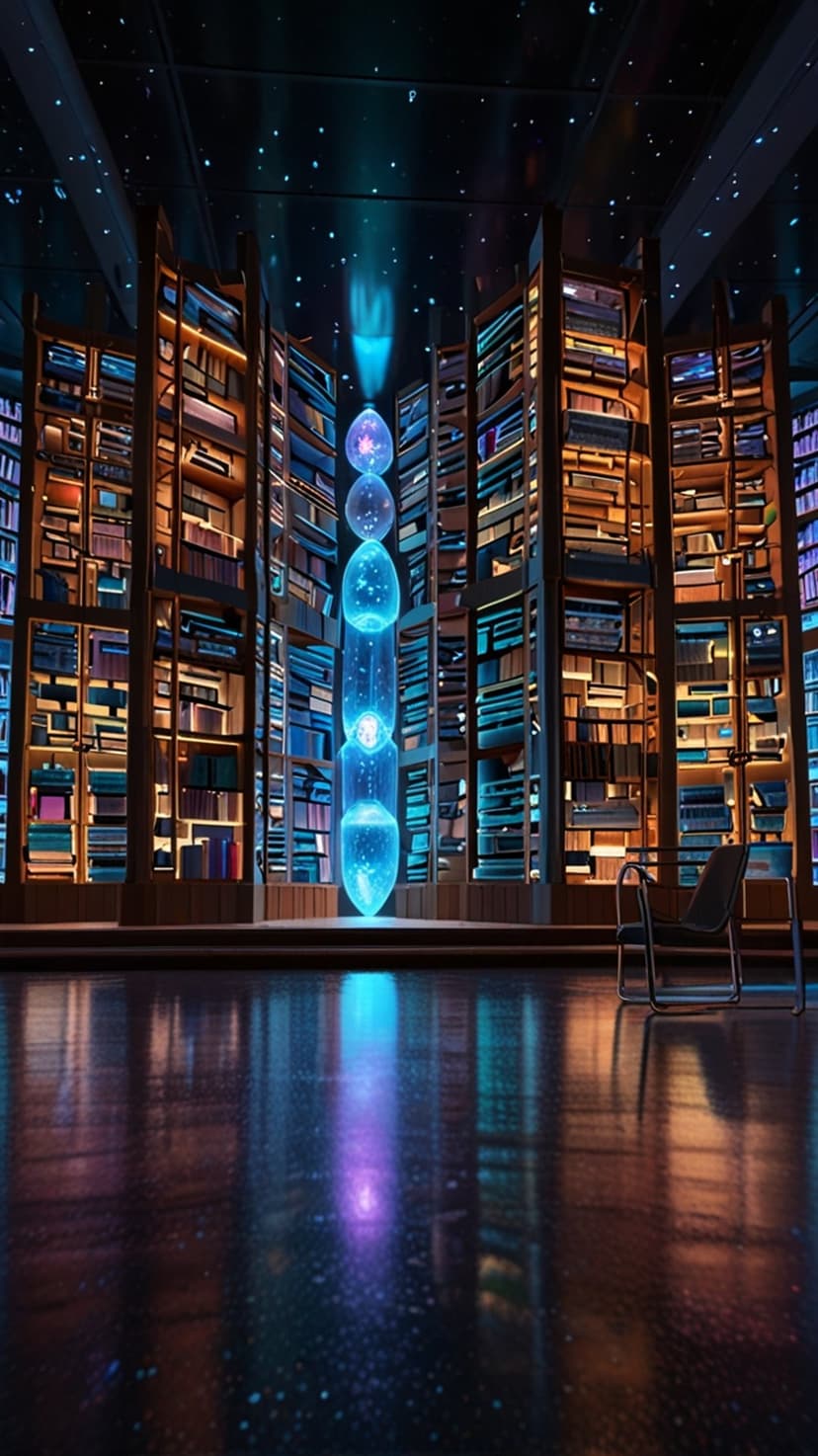 Luminous blue orb floating between tall bookshelves under a starry ceiling with reflections on a dark floor.