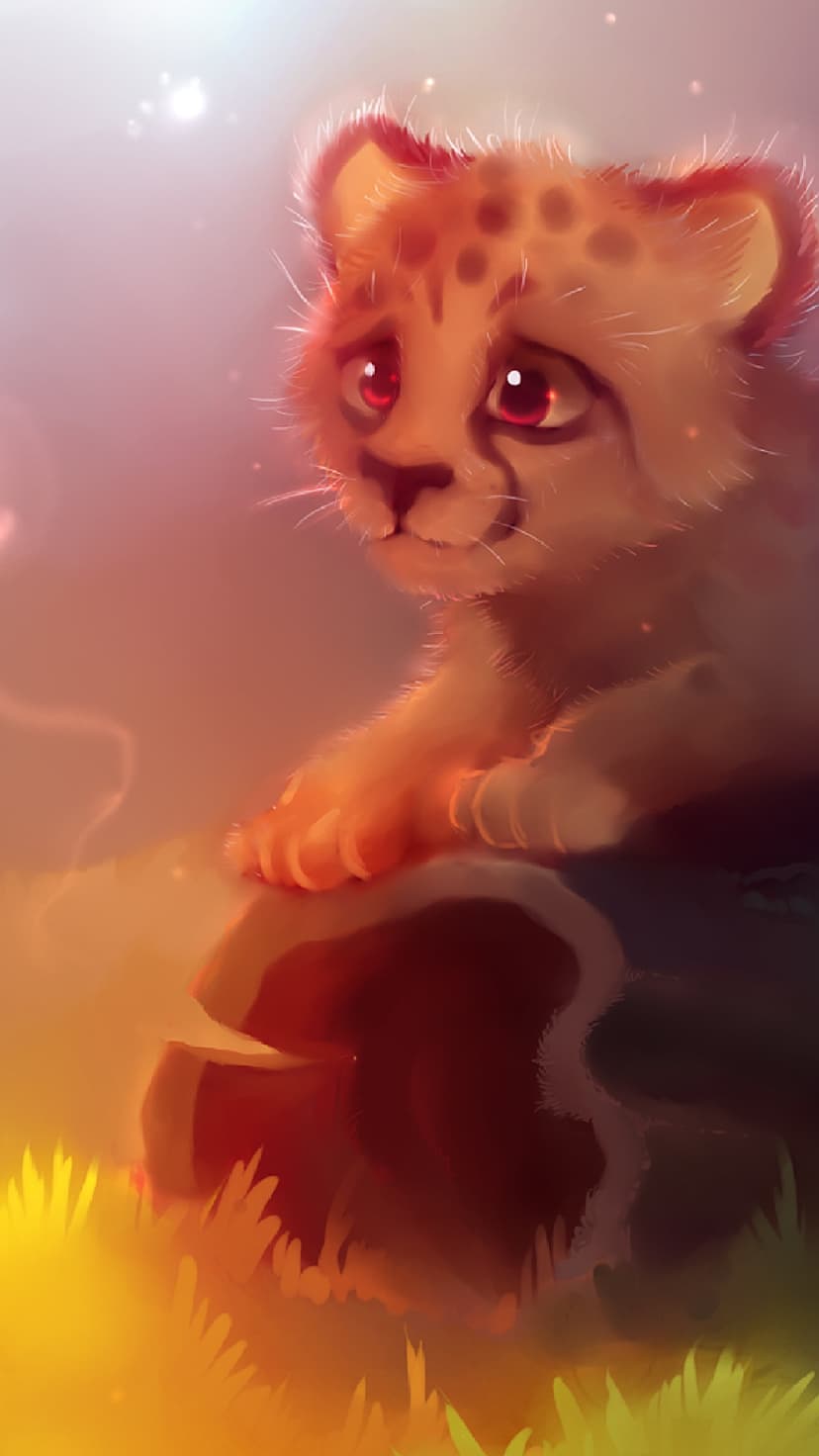 Cheetah cub with large red eyes sits on a rock against a blurred golden sunset with glowing bokeh light effects.