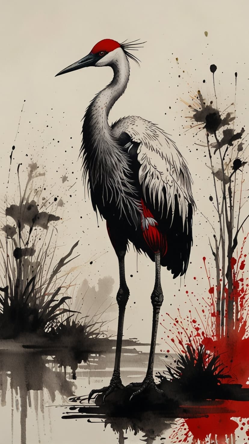 Red-crowned crane with black plumage standing in water among dark ink splatters and stylized vertical foliage.