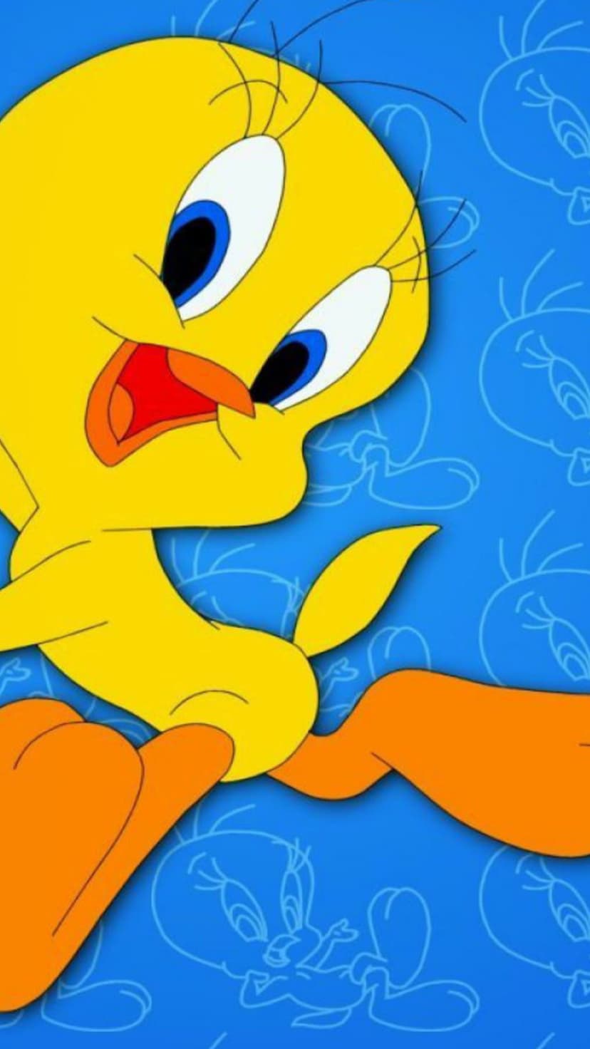 Tweety Bird with yellow feathers, blue eyes, and an orange beak poses over a light blue patterned background.