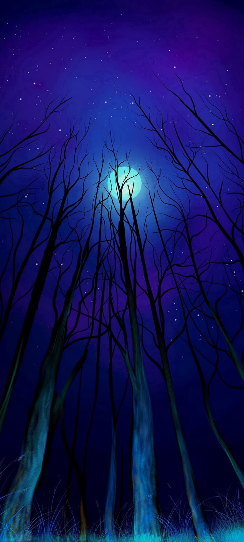 Luminous teal moon hangs above silhouetted trees and glowing grass under a starry indigo and violet night sky.