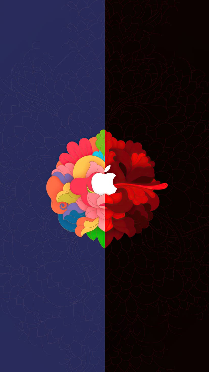 White Apple logo centered on a vertical split background with blue floral clouds and red monochromatic gradients.