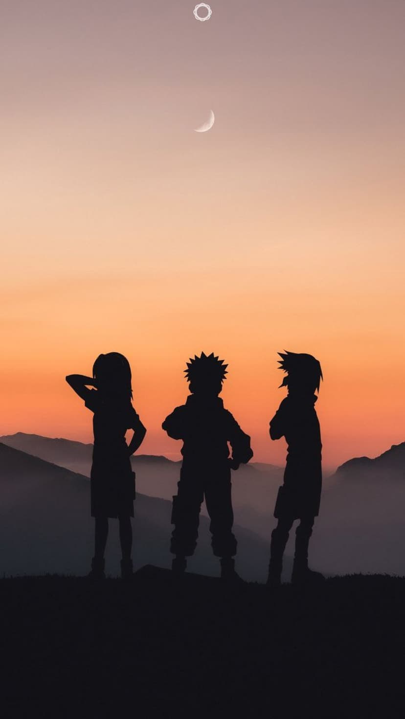 Naruto, Sakura, and Sasuke silhouettes stand on a hill against a vibrant orange and yellow sunset sky.