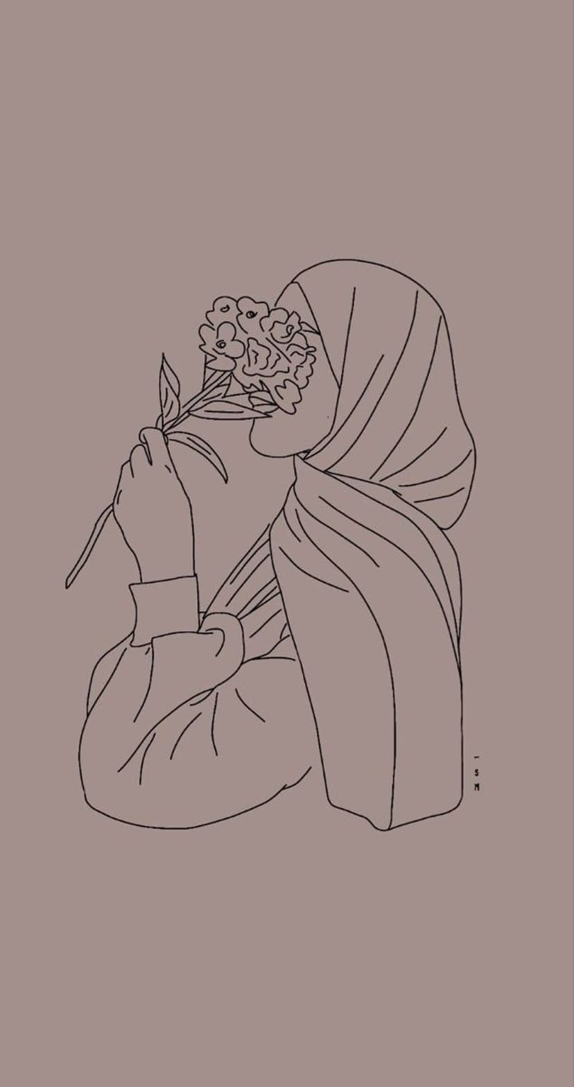 Woman in a hijab leans toward a bouquet of flowers in a minimalist brown line drawing on a taupe background.