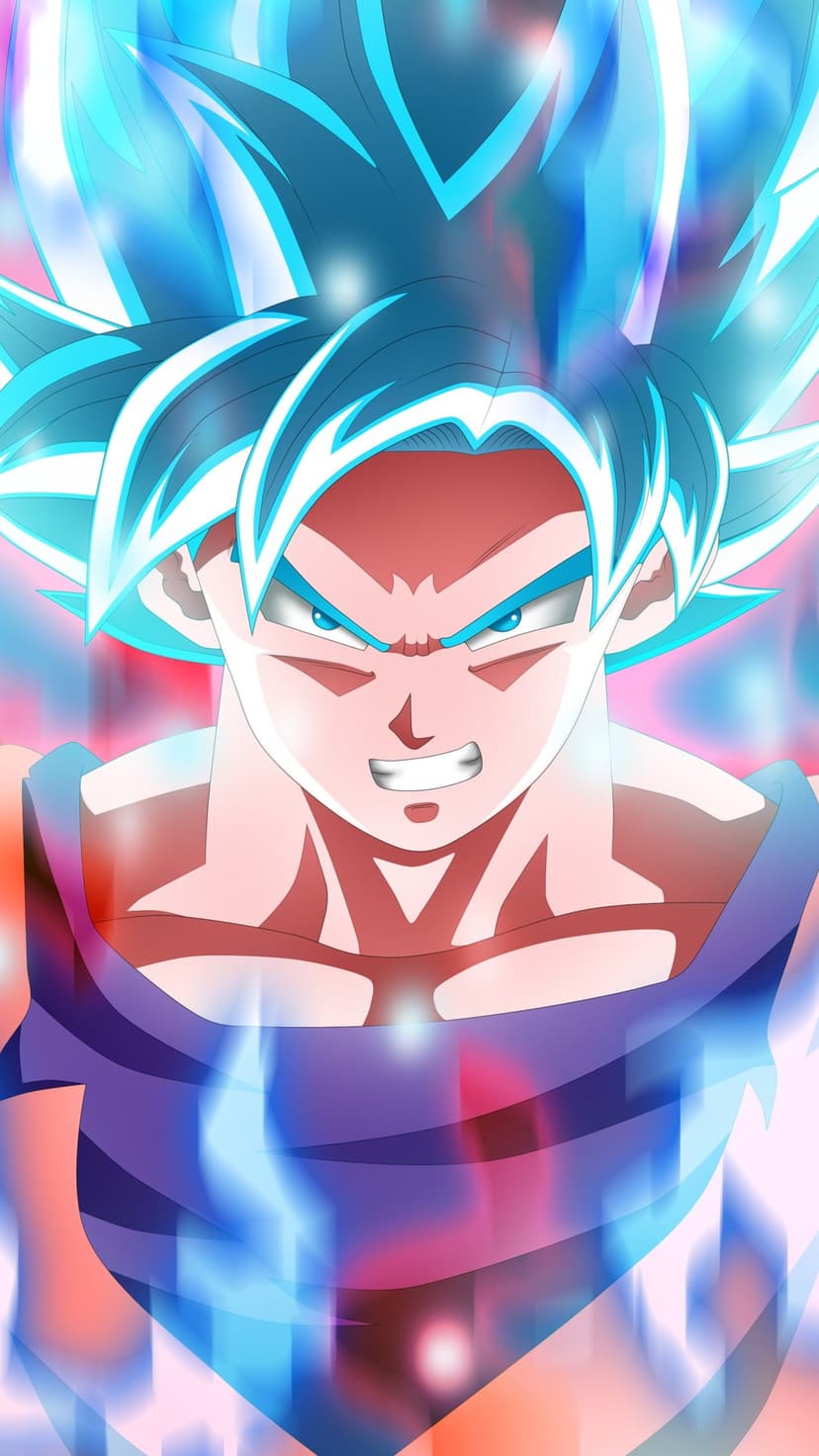 Goku in Super Saiyan Blue form stares forward with glowing eyes and a vibrant cyan aura of electric energy.