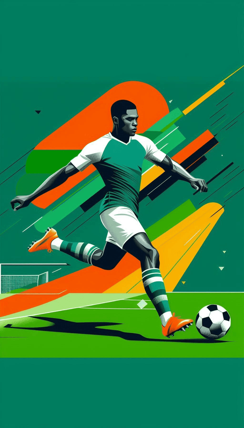 Soccer player in a teal jersey kicks a ball amidst orange and yellow geometric patterns on a green field.