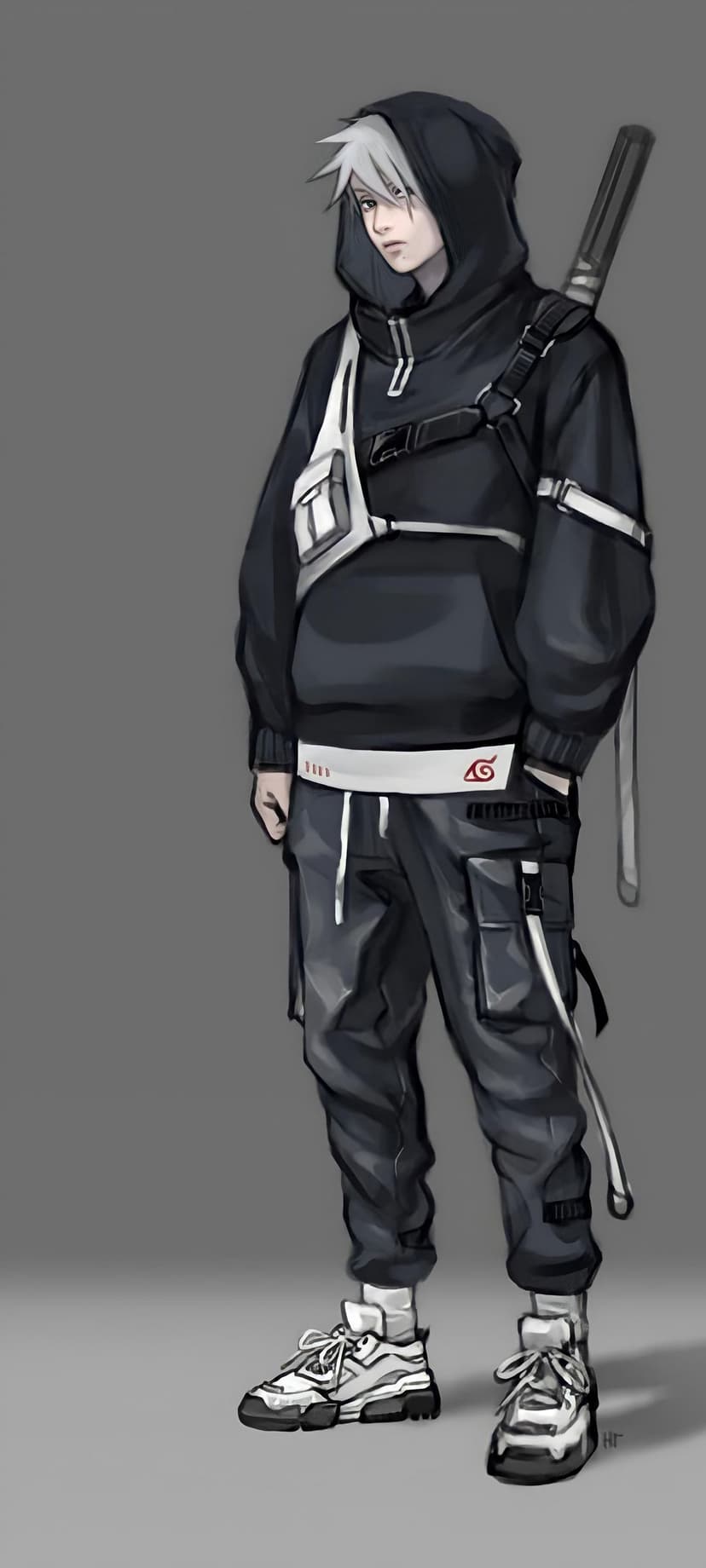 Kakashi Hatake wearing a black hoodie, cargo pants, and a white crossbody bag while holding a katana.