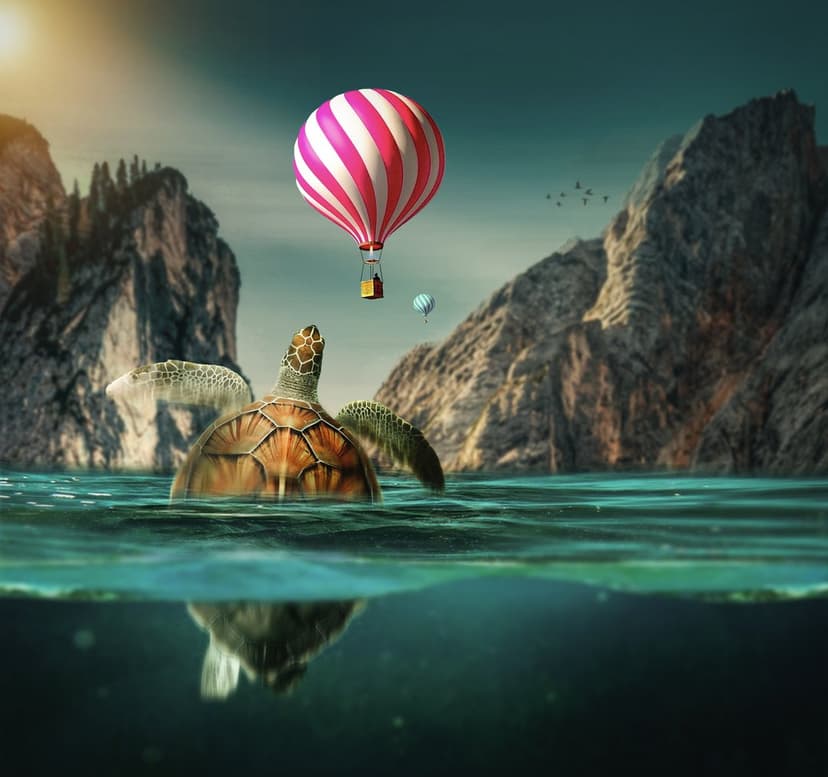 Giant sea turtle emerges from turquoise water beneath a striped hot air balloon and jagged rocky islands.
