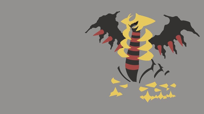 Minimalist Giratina Origin Forme with black wings and yellow armor on a solid gray background for desktop.