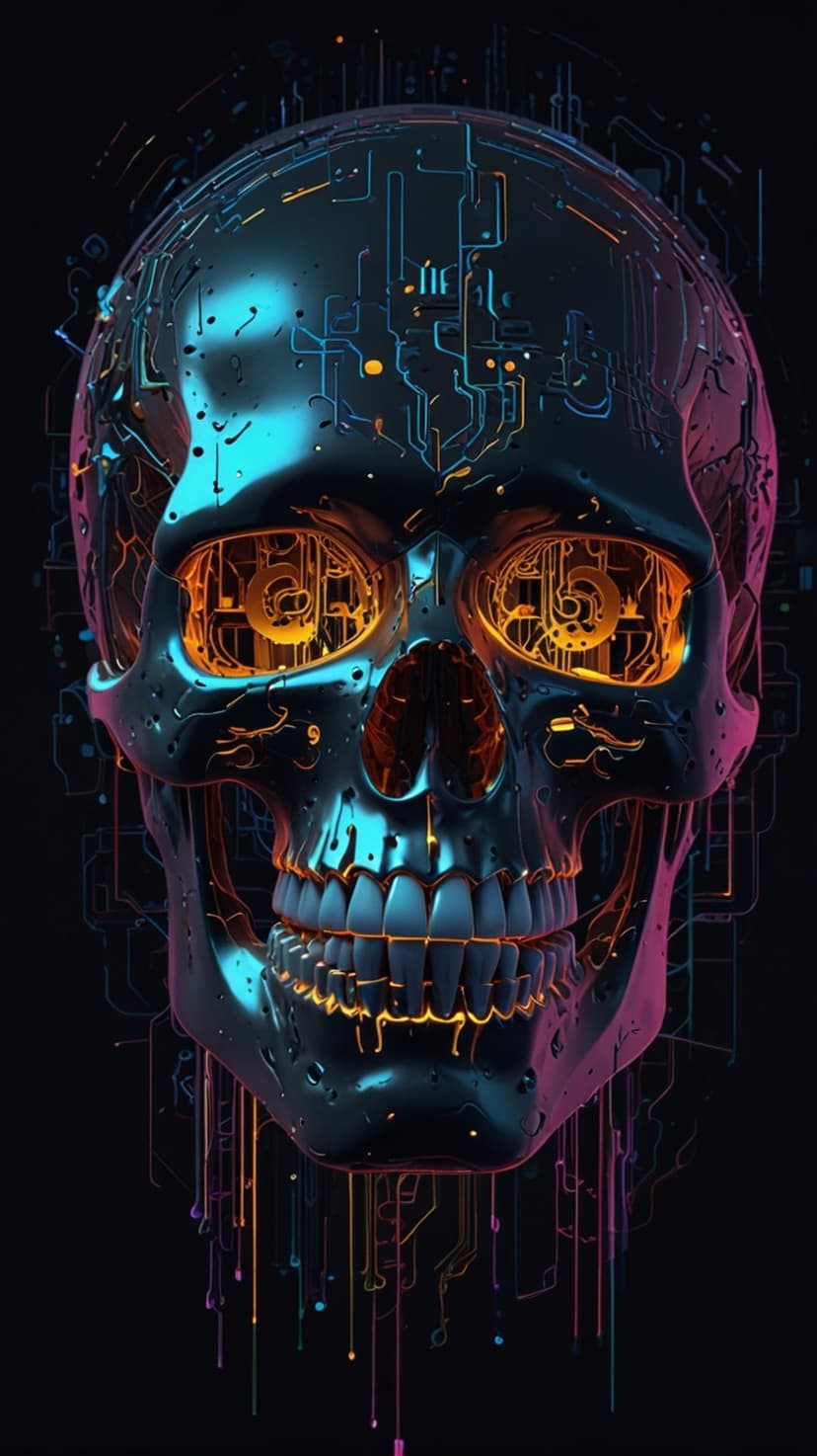 Cybernetic metallic skull with luminous amber eyes and pink and blue light pathways on a dark surface.