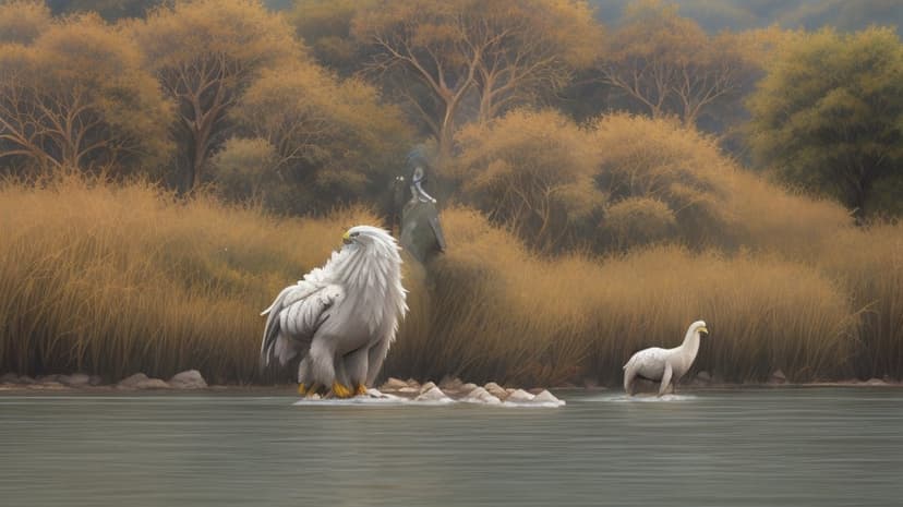 Majestic white gryphon stands on river rocks near a wading alpaca within a golden autumn forest and lake.