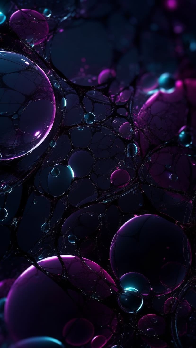 Iridescent purple and teal spheres clustered together with thin dark veins and glowing internal light reflections.