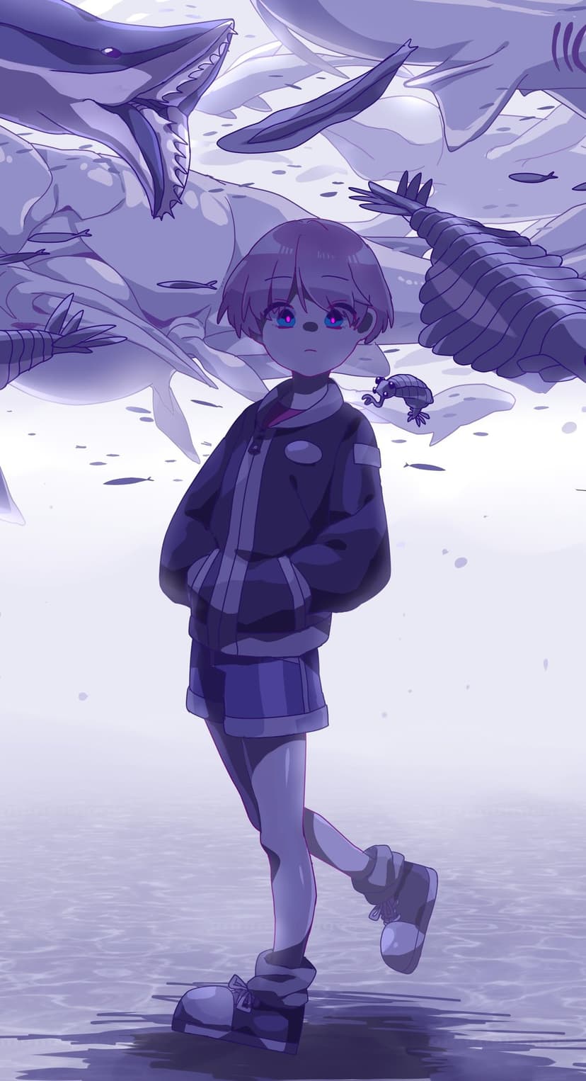 Child with purple eyes stands in shallow water as giant prehistoric whales and a large shark circle overhead.